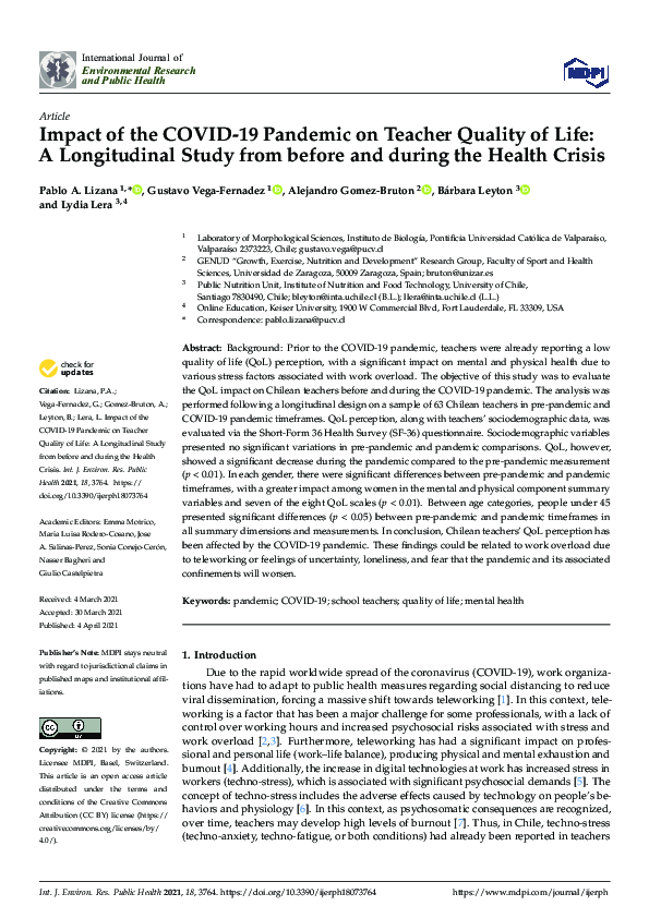(PDF) Impact of the COVID-19 Pandemic on Teacher Quality of Life: A ...