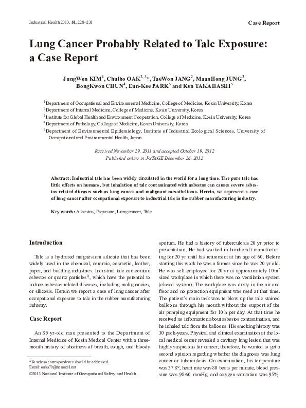 (PDF) Lung Cancer Probably Related to Talc Exposure: a Case Report