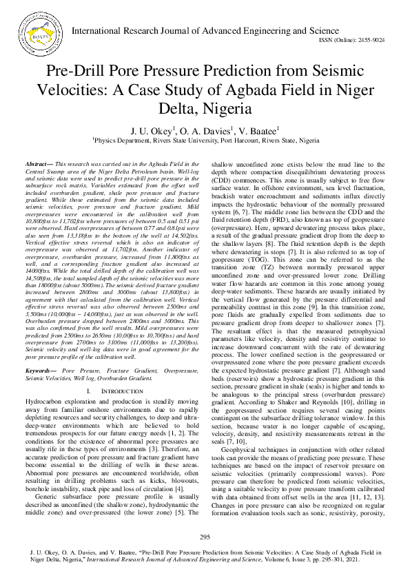 (PDF) Pre-Drill Pore Pressure Prediction from Seismic Velocities: A ...