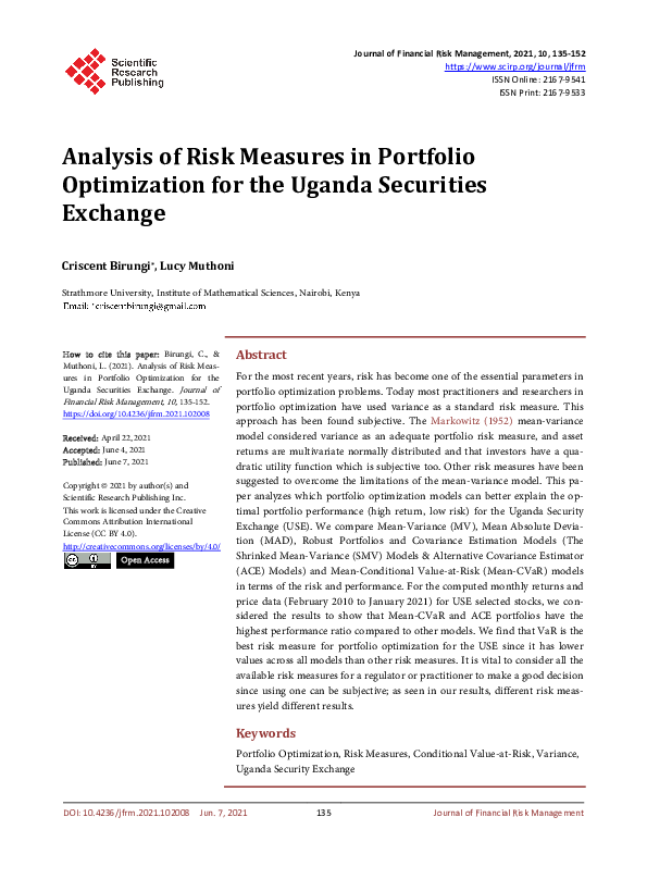 (PDF) Analysis of Risk Measures in Portfolio Optimization for the ...