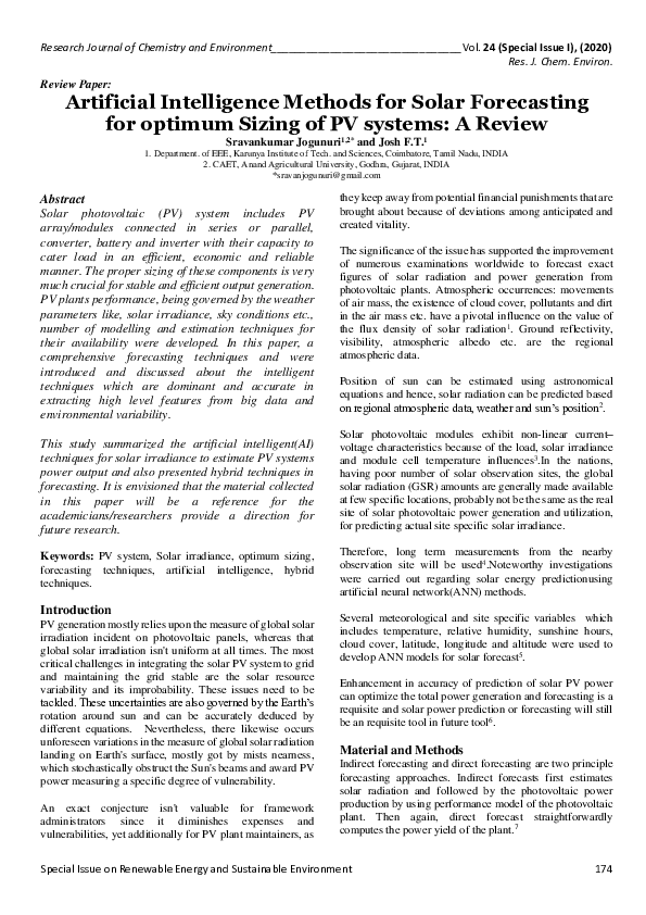 (PDF) Artificial Intelligence Methods for Solar Forecasting for optimum ...