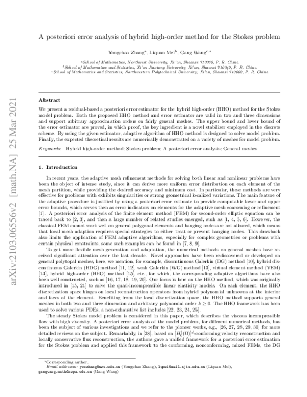 (PDF) A posteriori error analysis of hybrid high-order method for the ...