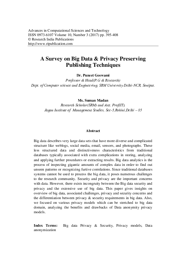 (PDF) A Survey on Big Data & Privacy Preserving Publishing Techniques