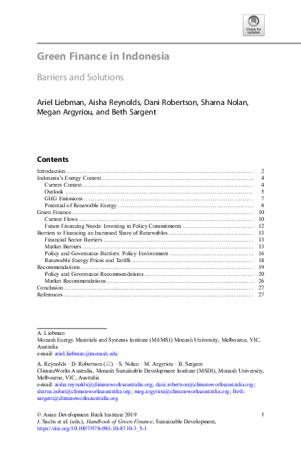 (PDF) Green Finance in Indonesia: Barriers and Solutions