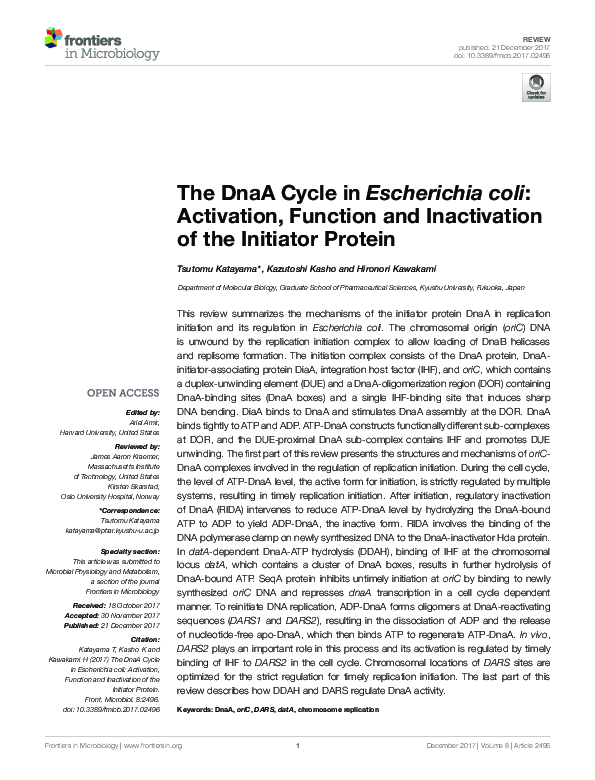 (PDF) The DnaA Cycle in Escherichia coli: Activation, Function and ...