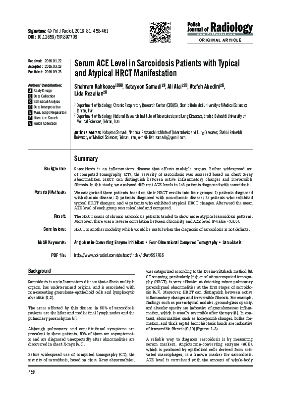 (PDF) Serum ACE Level in Sarcoidosis Patients with Typical and Atypical ...