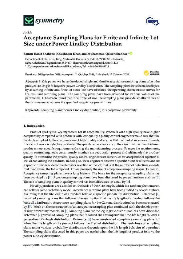 (PDF) Acceptance Sampling Plans for Finite and Infinite Lot Size under ...