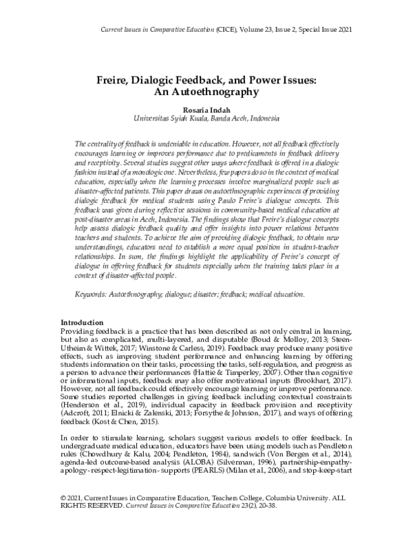 (PDF) Freire, Dialogic Feedback, and Power Issues: An Autoethnography
