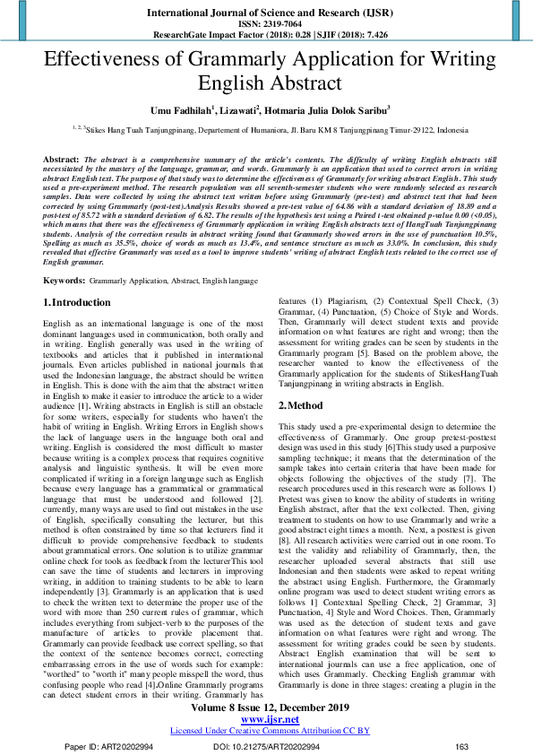 (PDF) Effectiveness of Grammarly Application for Writing English Abstract