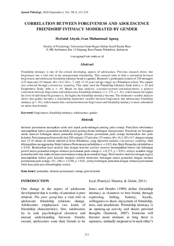 (PDF) Correlation Between Forgiveness and Adolescence Friendship ...