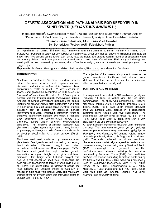 (PDF) Genetic Association and Path Analysis for Seed Yield in Sunflower ...