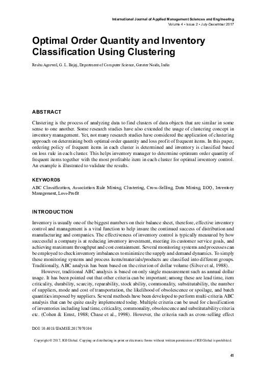 (PDF) Optimal Order Quantity and Inventory Classification Using Clustering
