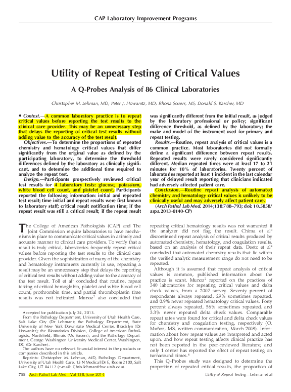 (PDF) Utility of Repeat Testing of Critical Values