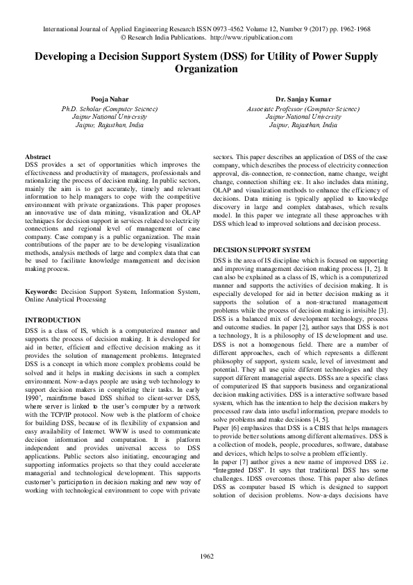 (PDF) Developing a Decision Support System ( DSS ) for Utility of Power ...