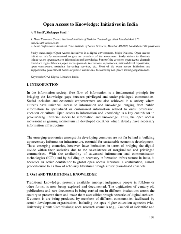 (PDF) Open Access to Knowledge: Initiatives in India