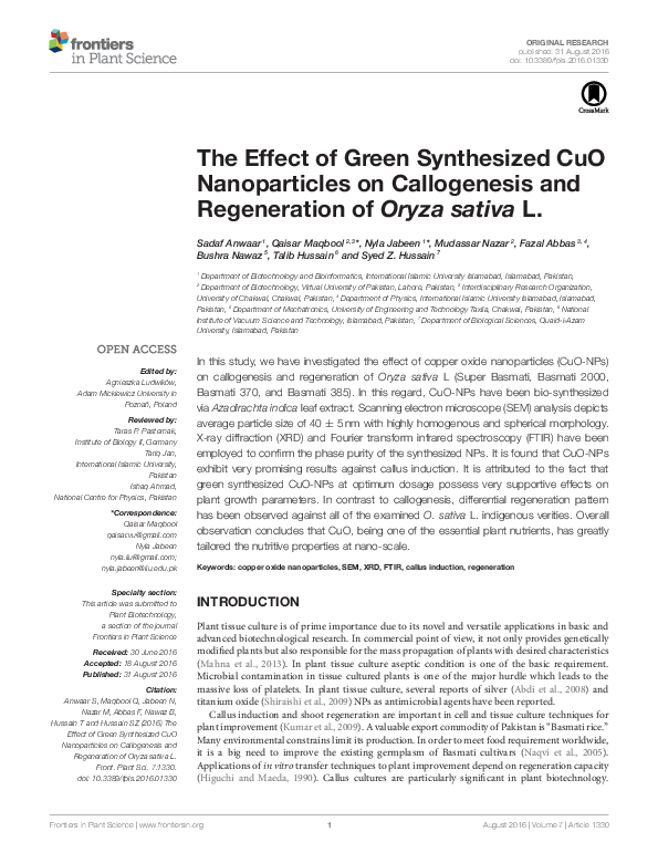 (PDF) The Effect of Green Synthesized CuO Nanoparticles on Callogenesis ...