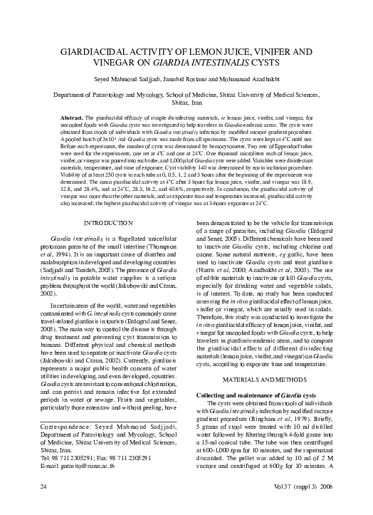 (PDF) Giardiacidal activity of lemon juice, vinifer and vinegar on Giardia intestinalis cysts