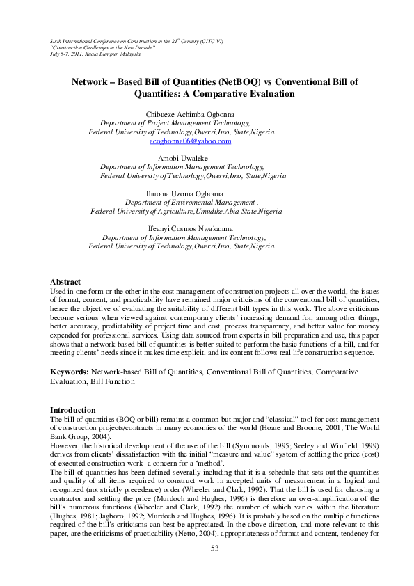 (PDF) Network – Based Bill of Quantities (NetBOQ) vs Conventional Bill ...