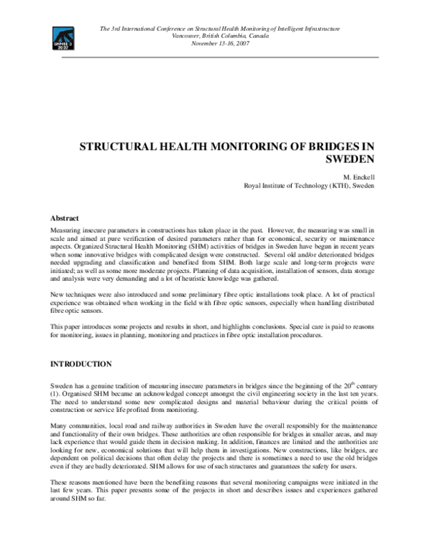 (PDF) Structural Health Monitoring of Bridges in Sweden