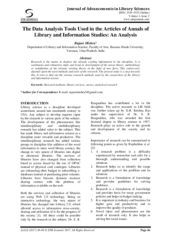 (PDF) The Data Analysis Tools Used in the Articles of Annals of Library ...