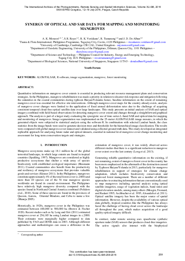 (PDF) Synergy of Optical and Sar Data for Mapping and Monitoring Mangroves