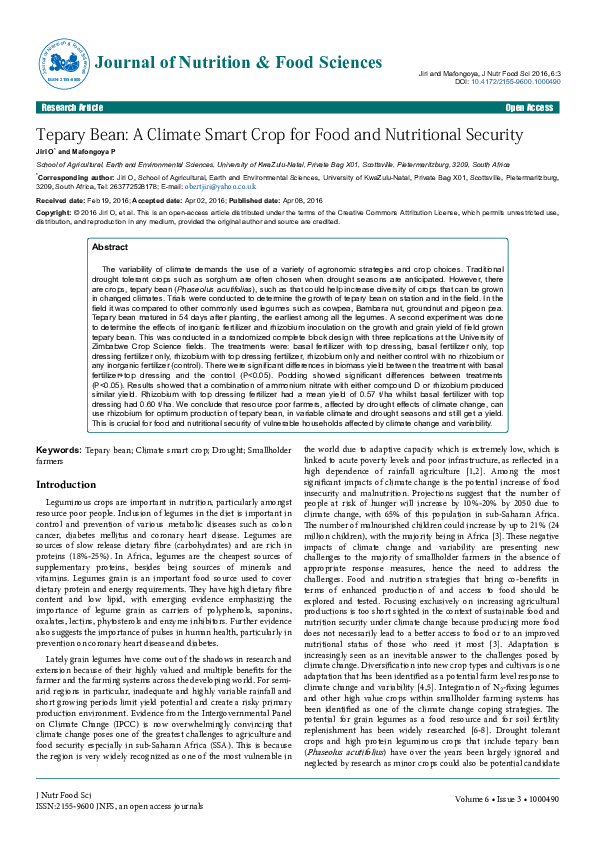 (PDF) Tepary Bean A Climate Smart Crop for Food and Nutritional Security Obert Jiri