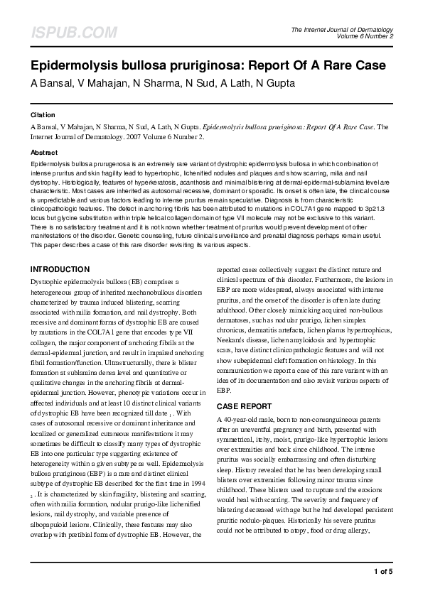 (PDF) Epidermolysis bullosa pruriginosa: Report Of A Rare Case