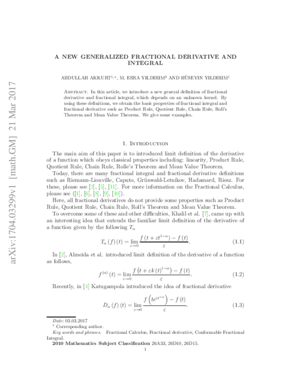 (PDF) A new Generalized fractional derivative and integral