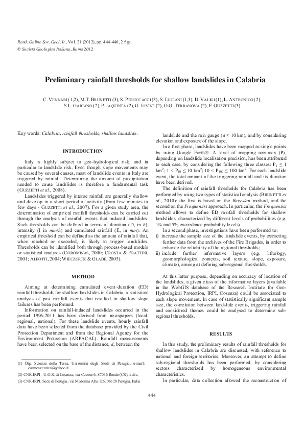 (PDF) Preliminary rainfall thresholds for shallow landslides in Calabria