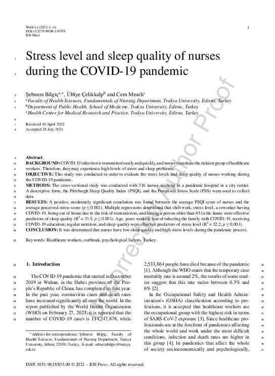 (PDF) Stress level and sleep quality of nurses during the COVID-19 pandemic
