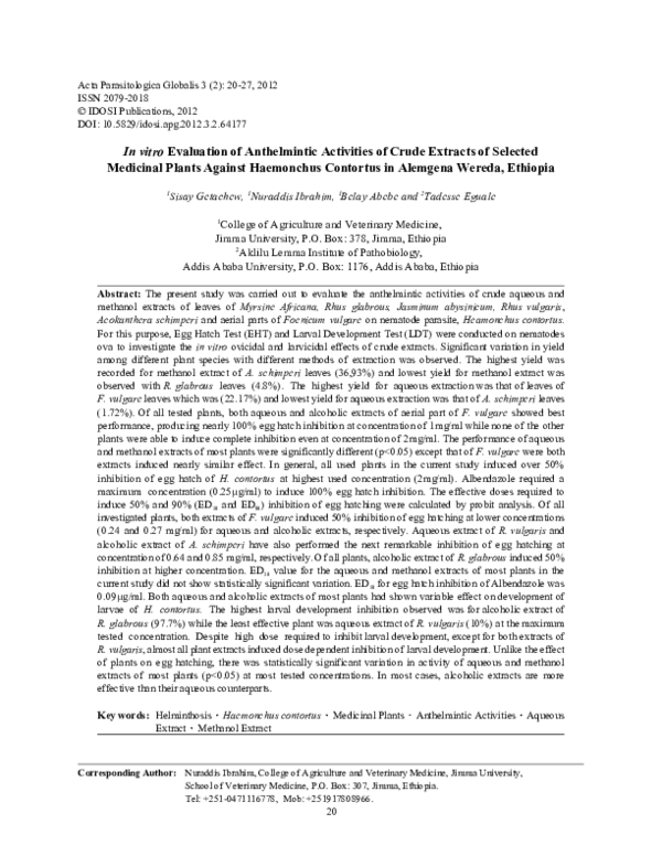 (PDF) In vitro Evaluation of Anthelmintic Activities of Crude Extracts ...