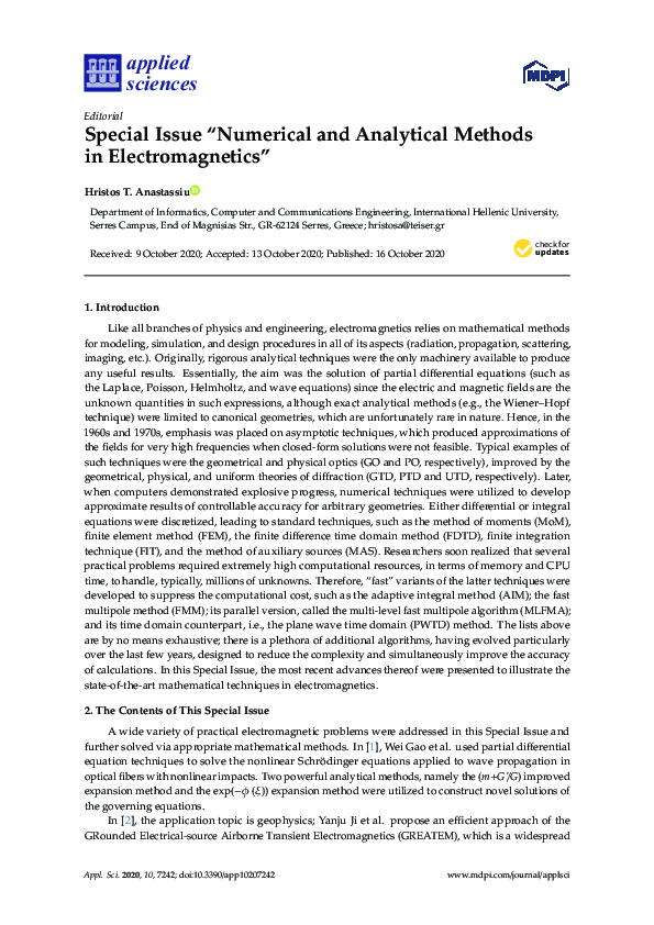 (PDF) Special Issue “Numerical and Analytical Methods in Electromagnetics”