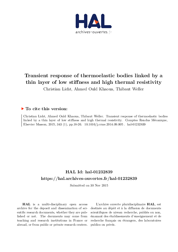 (PDF) Transient response of thermoelastic bodies linked by a thin layer ...