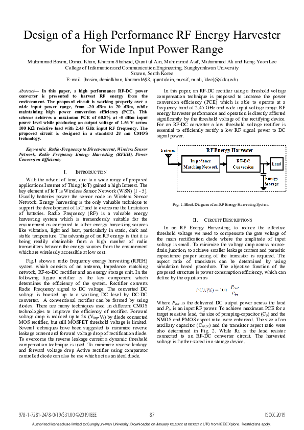 (PDF) Design of a High Performance RF Energy Harvester for Wide Input ...