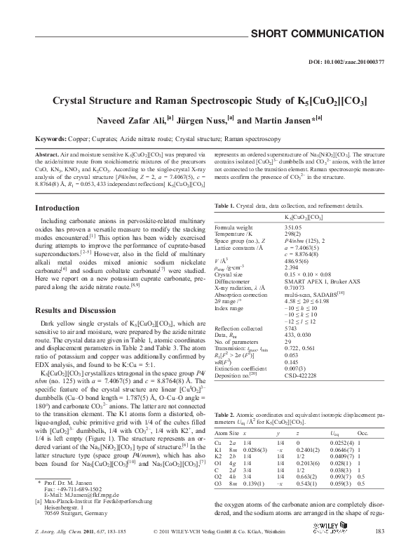 (PDF) Crystal Structure and Raman Spectroscopic Study of K5 [CuO2][CO3]