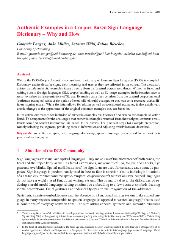 (PDF) Authentic Examples in a Corpus-Based Sign Language Dictionary