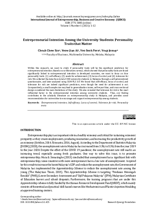 (PDF) Entrepreneurial Intention Among the University Students ...