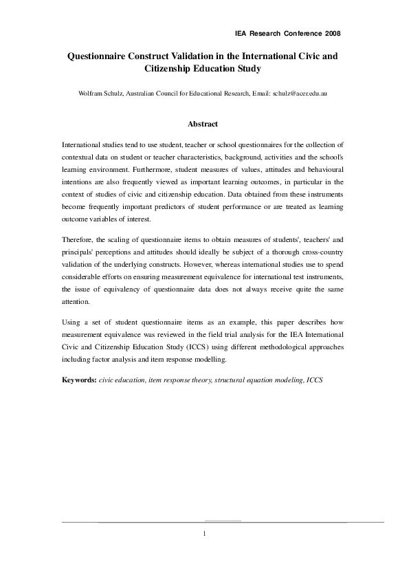 (PDF) Questionnaire Construct Validation in the International Civic and ...
