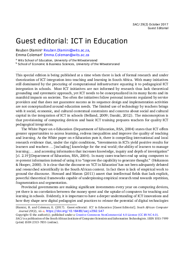 (PDF) Guest editorial : ICT in Education