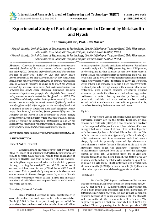 (PDF) IRJET- Experimental Study of Partial Replacement of Cement by ...