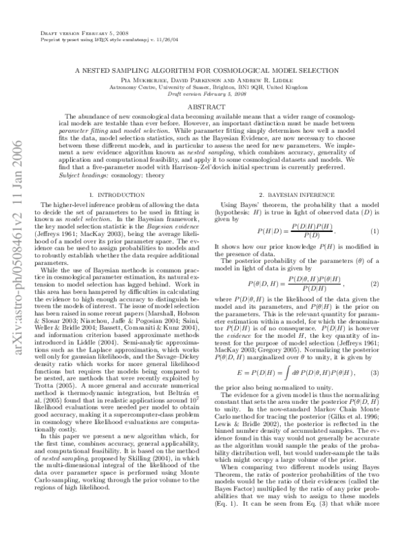 (PDF) A Nested Sampling Algorithm for Cosmological Model Selection ...