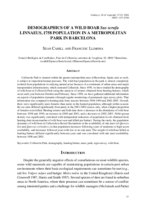 (PDF) Demographics of a wild boar Sus scrofa Linnaeus, 1758 population ...