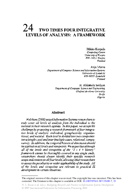 (PDF) Two Times Four Integrative Levels of Analysis: A Framework