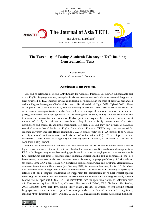 (PDF) The Feasibility of Testing Academic Literacy in EAP Reading ...