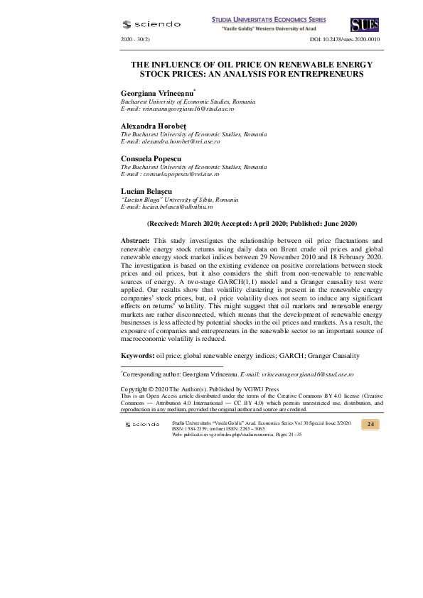 (PDF) The Influence of Oil Price on Renewable Energy Stock Prices: An ...