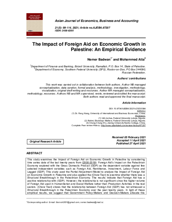 (PDF) The Impact of Foreign Aid on Economic Growth in Palestine: An ...