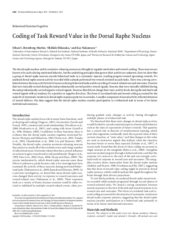 (PDF) Coding of task reward value in the dorsal raphe nucleus