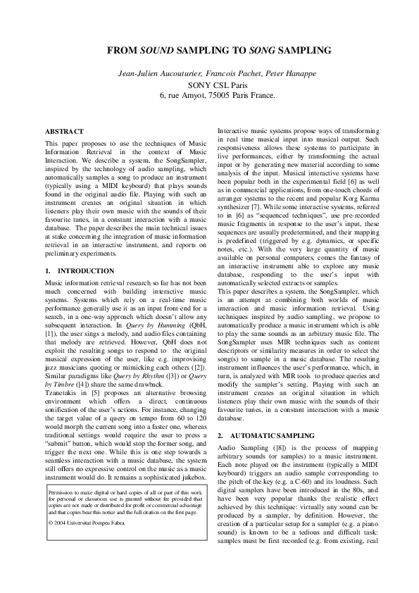 (PDF) From sound sampling to song sampling