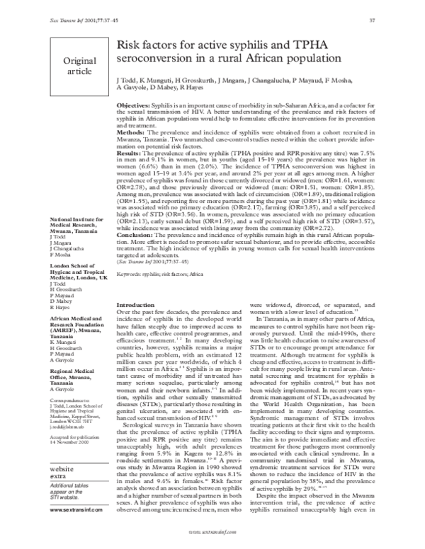 (PDF) Risk factors for active syphilis and TPHA seroconversion in a ...