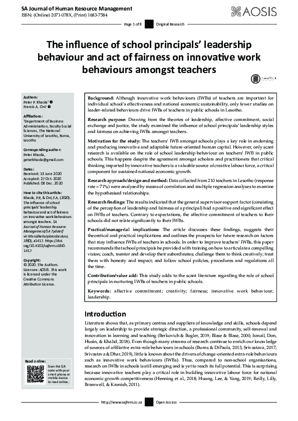 (PDF) The influence of school principals’ leadership behaviour and act ...